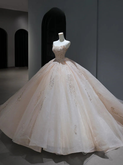 Robe de mariée longue de princesse, style bal, bustier rose poudré, avec corsage à sequins et perles, traîne, AS383