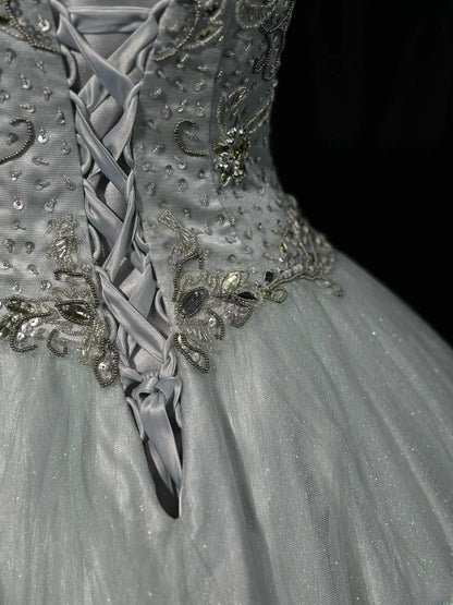 Charming Prom Dresses Ball Gown Sweetheart Silver Gray Tulle With Beading Night Evening Formal Outfits RB6203