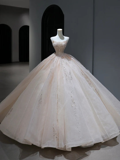 Robe de mariée longue de princesse, style bal, bustier rose poudré, avec corsage à sequins et perles, traîne, AS383