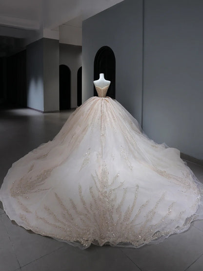 Robe de mariée longue de princesse, style bal, bustier rose poudré, avec corsage à sequins et perles, traîne, AS383
