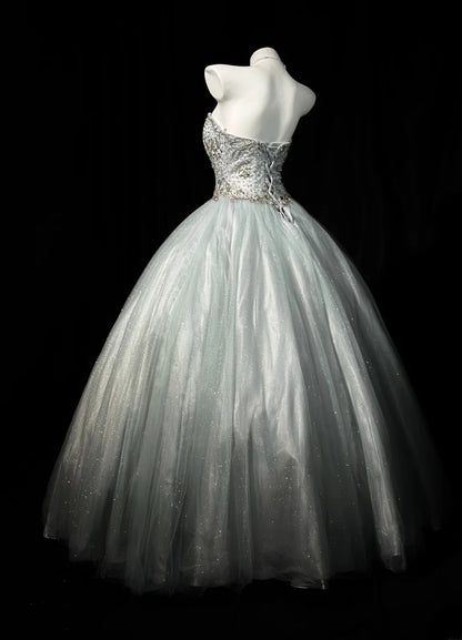 Charming Prom Dresses Ball Gown Sweetheart Silver Gray Tulle With Beading Night Evening Formal Outfits RB6203