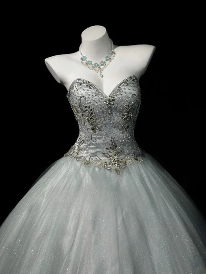 Charming Prom Dresses Ball Gown Sweetheart Silver Gray Tulle With Beading Night Evening Formal Outfits RB6203
