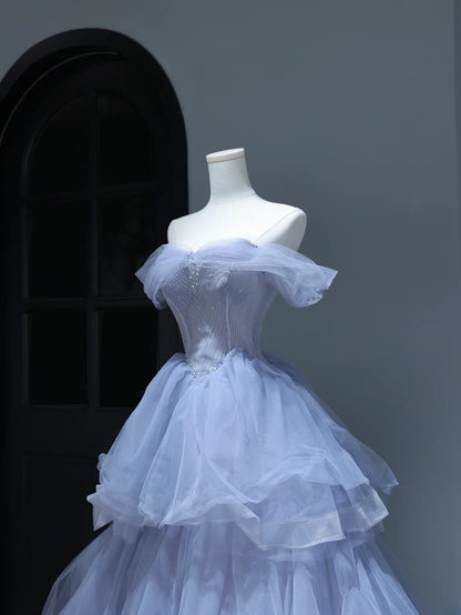 Robe de bal élégante et sobre, style bohème chic, épaules dénudées, tulle lilas, manches perlées, robe de soirée longue AS384