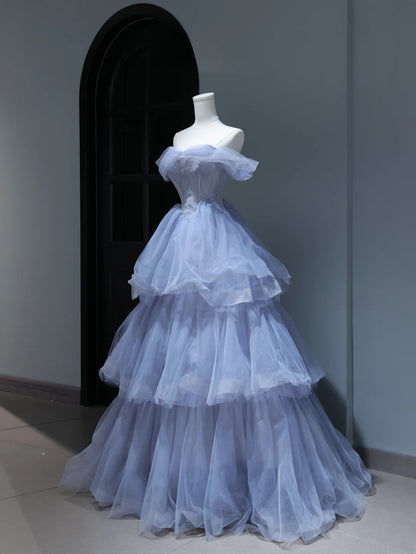 Robe de bal élégante et sobre, style bohème chic, épaules dénudées, tulle lilas, manches perlées, robe de soirée longue AS384