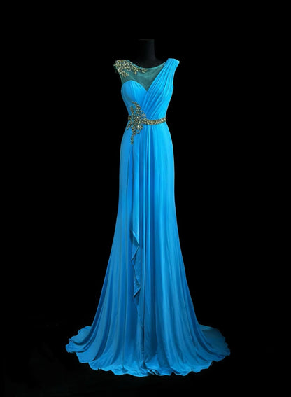 Modest Prom Dresses Mermaid Scoop Blue Chiffon 1950s Retro Classy Party Formal Outfits RB6205