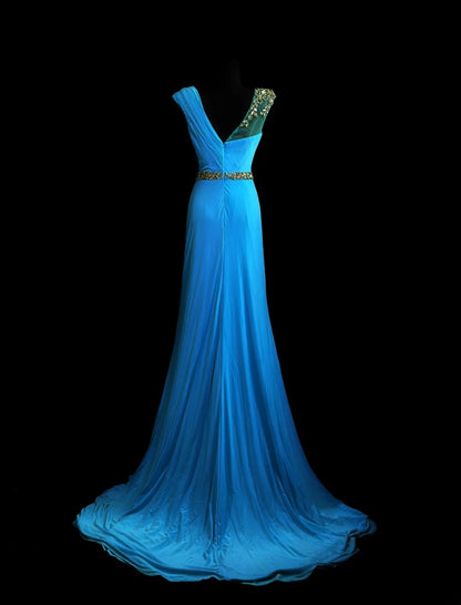 Modest Prom Dresses Mermaid Scoop Blue Chiffon 1950s Retro Classy Party Formal Outfits RB6205