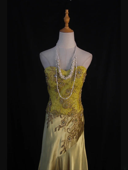 Retro 60s Mermaid Sweetheart Yellow Lace Chiffon With Beads Long Prom Dresses Inspo 22th Birthday Outfit Formal Gown AS386