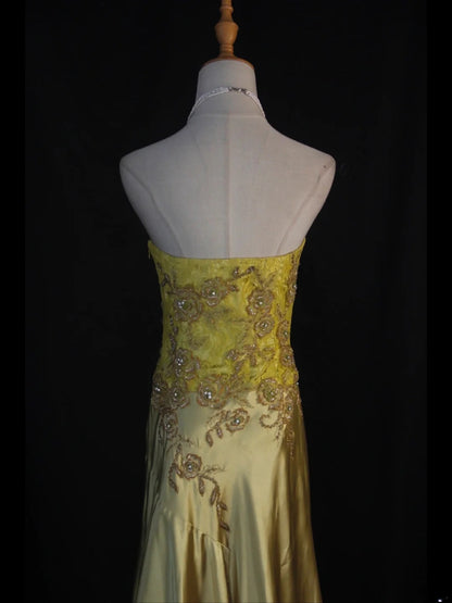 Retro 60s Mermaid Sweetheart Yellow Lace Chiffon With Beads Long Prom Dresses Inspo 22th Birthday Outfit Formal Gown AS386