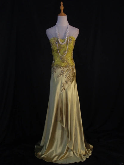 Retro 60s Mermaid Sweetheart Yellow Lace Chiffon With Beads Long Prom Dresses Inspo 22th Birthday Outfit Formal Gown AS386