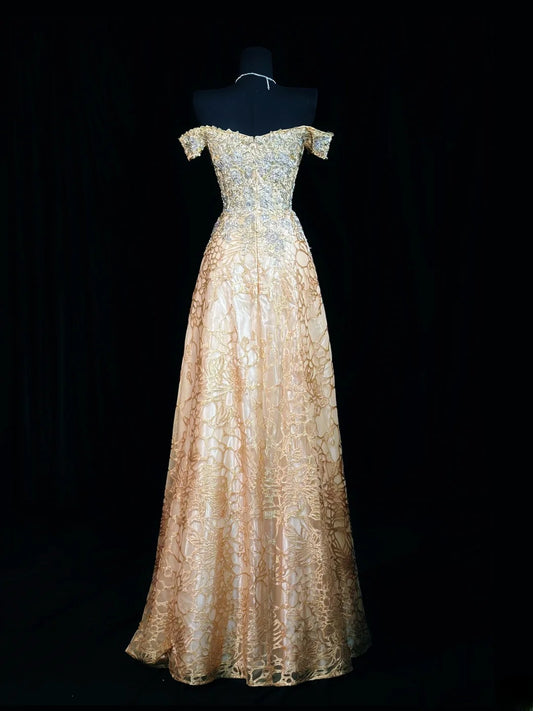 Vintage 2000s Prom Dresses A line Off The Shoulder Gold Lace With Zipper Back Long Party Formal Outfits RB6207