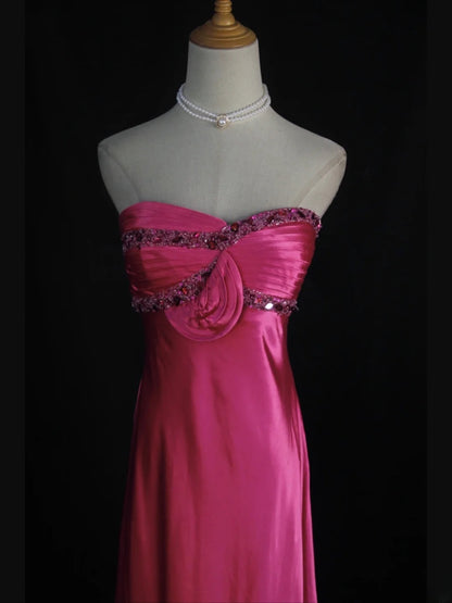 Retro 1950s A line Sweetheart Hot Pink With Beads Long Prom Dresses Inspo 21st Birthday Outfit Formal Gown AS389
