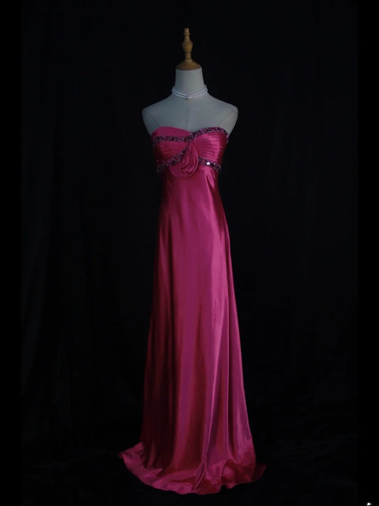 Retro 1950s A line Sweetheart Hot Pink With Beads Long Prom Dresses Inspo 21st Birthday Outfit Formal Gown AS389