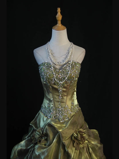 Retro 1970s Ball Gown Sweetheart Olive Green Organza With Beads Tiered Long Prom Dresses Inspo 21st Birthday Outfit Formal Gown AS390