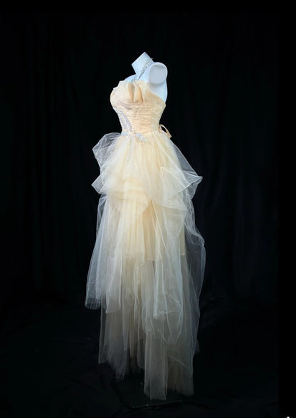 Modest Prom Dresses Ball Gown Strapless Champagne Tulle 1950s Retro Classy Party Formal Outfits RB6210
