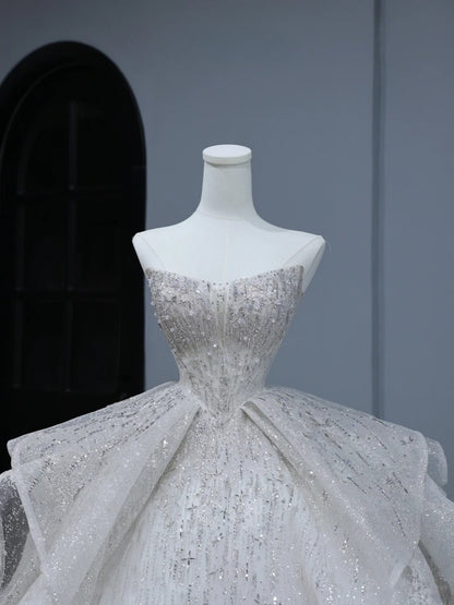 Sparkly Long Wedding Dress Ball Gown Strapless Style for Bride With Sequin Beaded Bodice Train Bridal Dresses AS390
