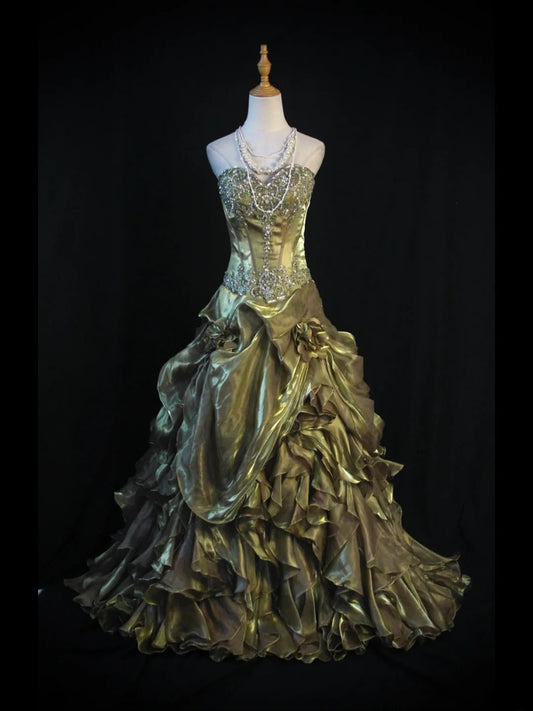 Retro 1970s Ball Gown Sweetheart Olive Green Organza With Beads Tiered Long Prom Dresses Inspo 21st Birthday Outfit Formal Gown AS390