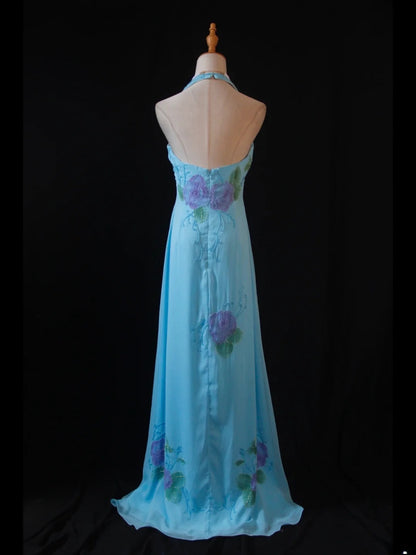 Vintage A Line Halter Chiffon Blue 1950s With Beaded Bodice Long Prom Dresses Inspo Birthday Outfit Formal Gown AS391