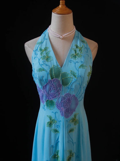 Vintage A Line Halter Chiffon Blue 1950s With Beaded Bodice Long Prom Dresses Inspo Birthday Outfit Formal Gown AS391