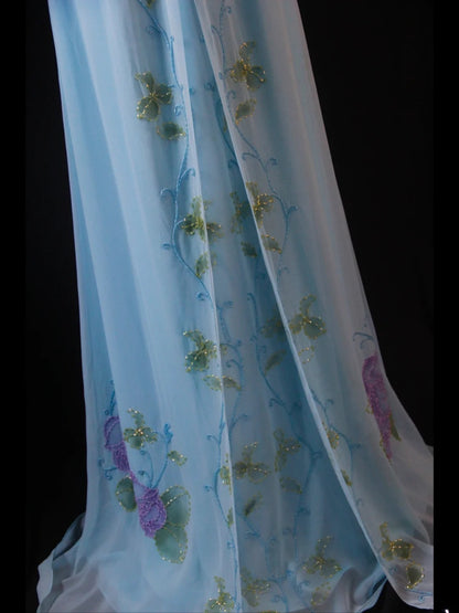Vintage A Line Halter Chiffon Blue 1950s With Beaded Bodice Long Prom Dresses Inspo Birthday Outfit Formal Gown AS391