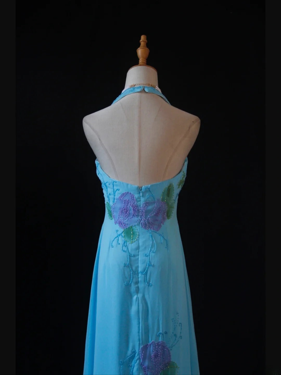 Vintage A Line Halter Chiffon Blue 1950s With Beaded Bodice Long Prom Dresses Inspo Birthday Outfit Formal Gown AS391