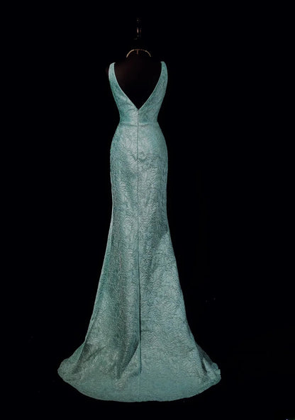 Vintage 2000s Prom Dresses Mermaid V Neckline Blue Lace With Slit Long Party Formal Outfits RB6211