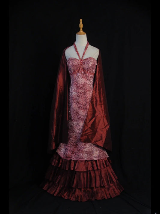 Retro 1950s Mermaid Halter Burgundy Taffeta With Beads Cape Tiered Long Prom Dresses Inspo 21st Birthday Outfit Formal Gown AS392