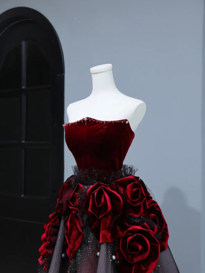 Modest Prom Dresses Aesthetic Ball Gown Strapless Burgundy Tulle Inspiration Style Impress With Flowers Long Party Formal Gown AS394