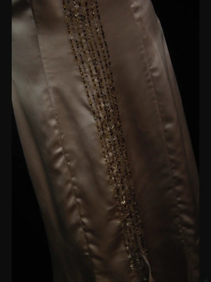 Vintage High Low 80er Jahre Spaghettiträger Champagner Perlen mit Perlenbesatz – Inspiration für Geburtstagsoutfits und festliche Kleider AS394