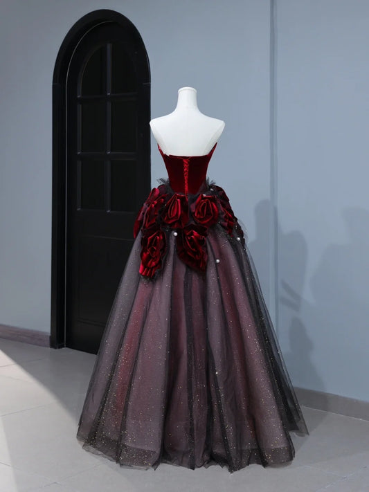 Modest Prom Dresses Aesthetic Ball Gown Strapless Burgundy Tulle Inspiration Style Impress With Flowers Long Party Formal Gown AS394
