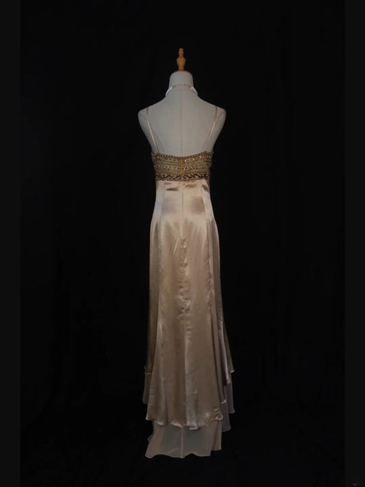 Robe de bal vintage années 80, bretelles spaghetti, perles champagne, style asymétrique, inspiration robe de soirée d'anniversaire, AS394