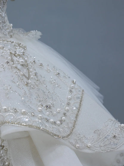 Princess Long Wedding Gowns Ball Gown Off The Shoulder Style for Bride With Short Sleeves Train White Bridal Dress AS395