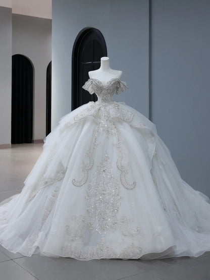 Princess Long Wedding Gowns Ball Gown Off The Shoulder Style for Bride With Short Sleeves Train White Bridal Dress AS395