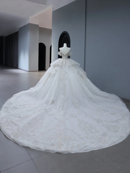 Princess Long Wedding Gowns Ball Gown Off The Shoulder Style for Bride With Short Sleeves Train White Bridal Dress AS395