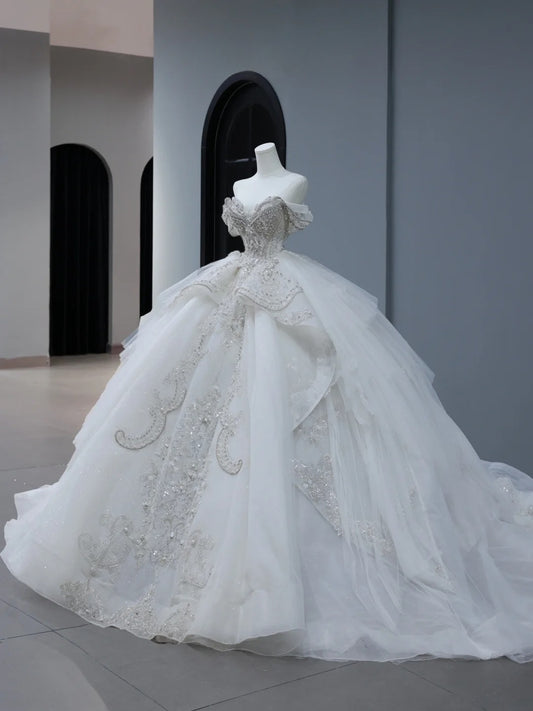 Princess Long Wedding Gowns Ball Gown Off The Shoulder Style for Bride With Short Sleeves Train White Bridal Dress AS395