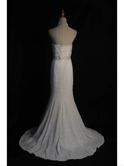 Vintage Mermaid Sweetheart White 1950s With Pearls Beaded Bodice Long Prom Dresses Inspo Birthday Outfit Formal Gown AS396