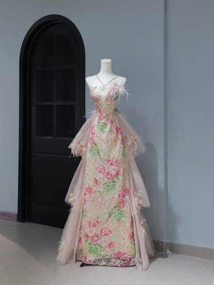Niedliches Ballkleid im ästhetischen A-Linien-Stil mit Neckholder, Pailletten, rosa Blumenmuster, inspirierendem Stil, Korsett, figurbetontem, langem Partykleid AS397