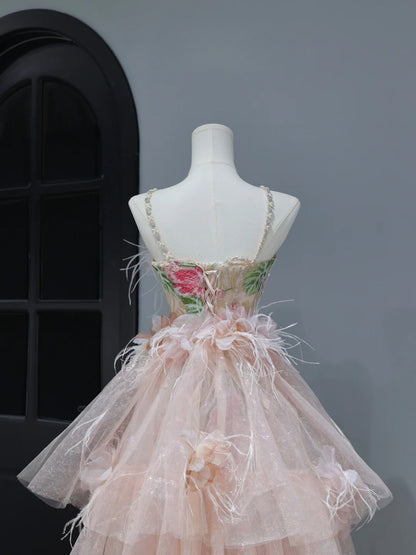 Niedliches Ballkleid im ästhetischen A-Linien-Stil mit Neckholder, Pailletten, rosa Blumenmuster, inspirierendem Stil, Korsett, figurbetontem, langem Partykleid AS397