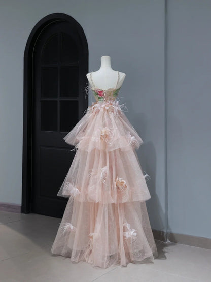 Niedliches Ballkleid im ästhetischen A-Linien-Stil mit Neckholder, Pailletten, rosa Blumenmuster, inspirierendem Stil, Korsett, figurbetontem, langem Partykleid AS397