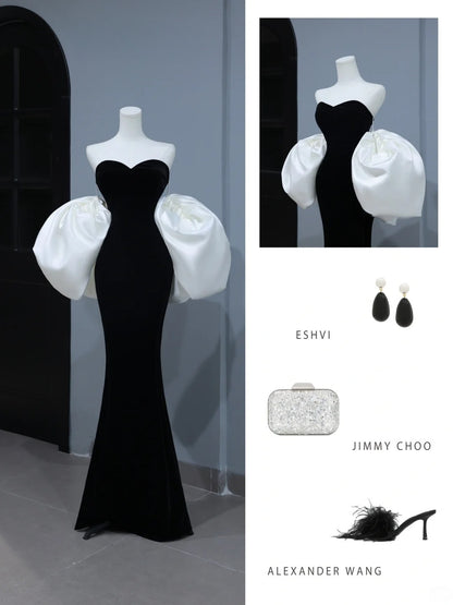 Robe de bal sobre, style sirène, décolleté cœur, en velours noir, inspiration style, robe longue de soirée formelle avec cape AS398