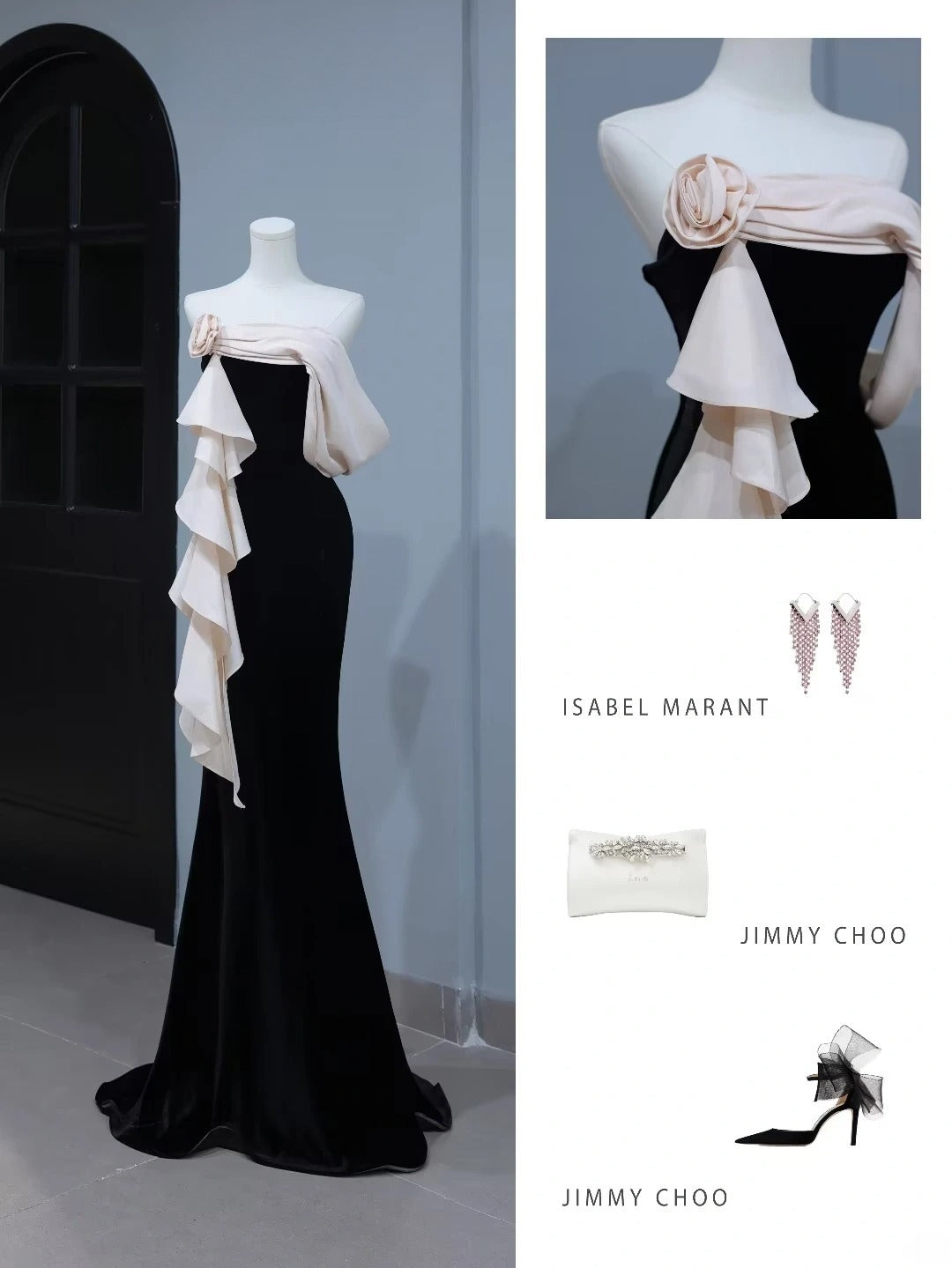 Robe de bal modeste, style sirène sans bretelles, en velours noir, inspiration mode, robe longue de soirée ornée de fleurs AS399