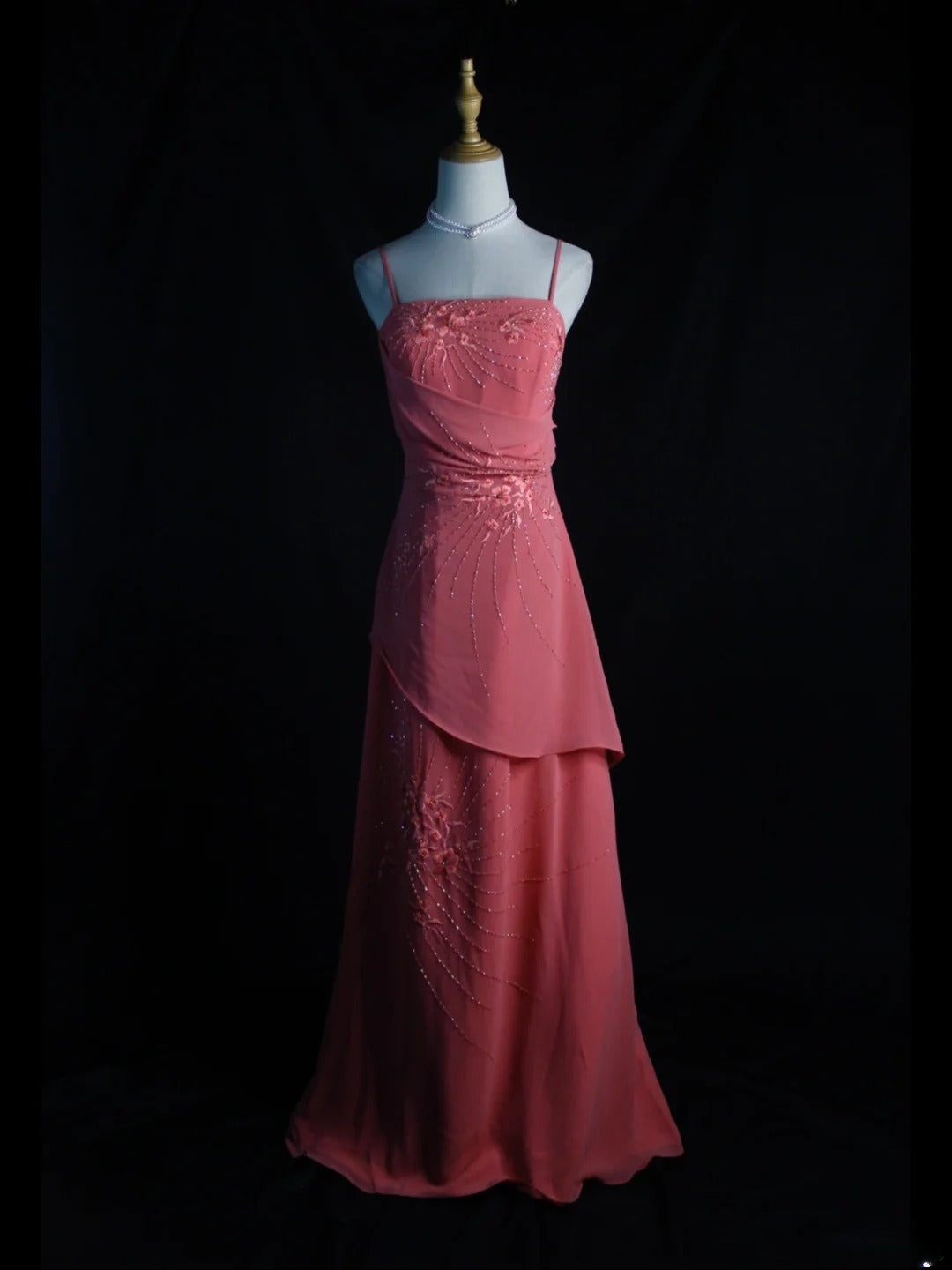 Vintage A line 80s Spaghetti Straps Pink Beads With Beaded Long Prom Dresses Inspo Birthday Outfit Formal Gowns AS399