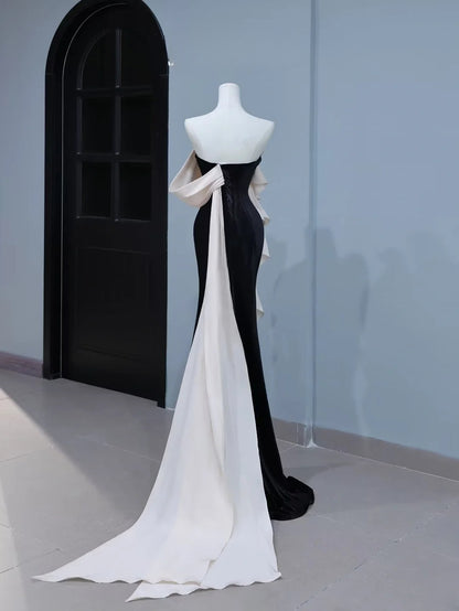 Robe de bal modeste, style sirène sans bretelles, en velours noir, inspiration mode, robe longue de soirée ornée de fleurs AS399