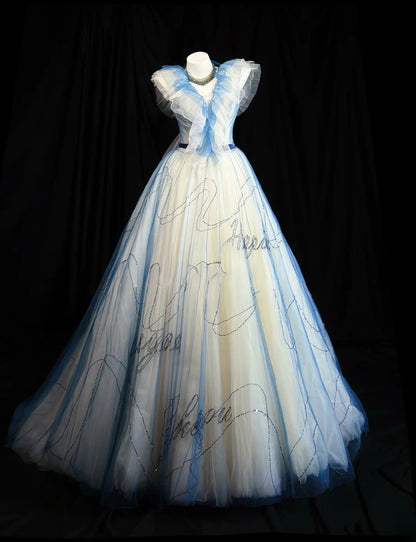 Modest Prom Dresses Ball Gown V Neck Light Blue Tulle 1950s Retro Classy Party Formal Outfits RB6217