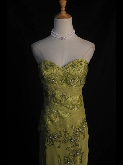 Vintage Meerjungfrauen-Kleid aus salbeigrünem Chiffon im Stil der 1950er Jahre mit herzförmigem Ausschnitt, Perlen und Spitzenoberteil, langes Ballkleid, Inspiration für Geburtstagsoutfits, Partykleid AS400