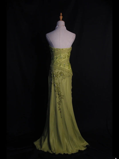 Vintage Meerjungfrauen-Kleid aus salbeigrünem Chiffon im Stil der 1950er Jahre mit herzförmigem Ausschnitt, Perlen und Spitzenoberteil, langes Ballkleid, Inspiration für Geburtstagsoutfits, Partykleid AS400