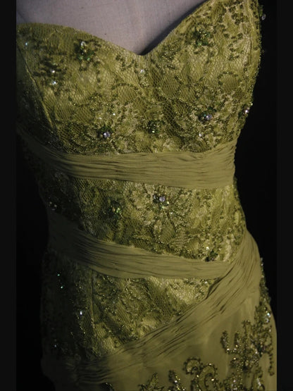 Vintage Meerjungfrauen-Kleid aus salbeigrünem Chiffon im Stil der 1950er Jahre mit herzförmigem Ausschnitt, Perlen und Spitzenoberteil, langes Ballkleid, Inspiration für Geburtstagsoutfits, Partykleid AS400