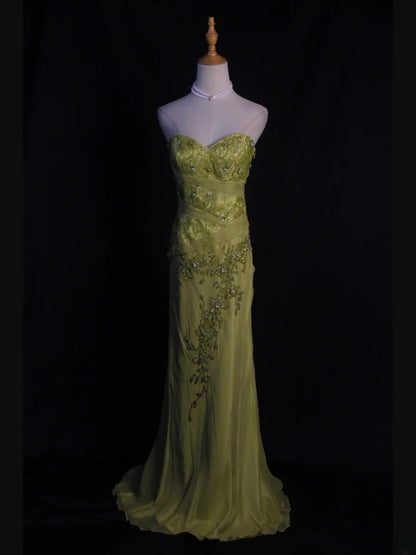 Vintage Meerjungfrauen-Kleid aus salbeigrünem Chiffon im Stil der 1950er Jahre mit herzförmigem Ausschnitt, Perlen und Spitzenoberteil, langes Ballkleid, Inspiration für Geburtstagsoutfits, Partykleid AS400