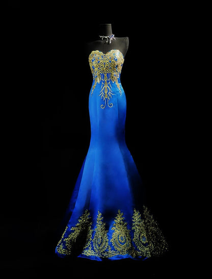 Vintage 2000s Prom Dresses Mermaid Sweetheart Royal Blue With Gold Lace Long Party Formal Outfits RB6219