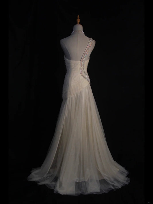 Women's Elegant Mermaid One Shoulder Vintage Tulle White Wedding Dress for Bride Sweep Train Wedding Dresses AS402