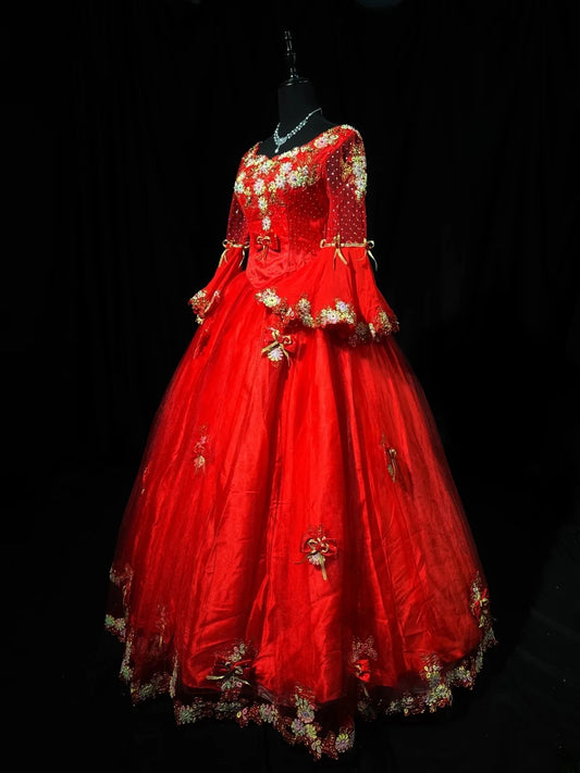 Pretty Ball Gown Scoop Red Tulle Prom Dresses Long Sleeves 15 Quinceanera Dresses Photo Ideas Formal Outfit RB6221